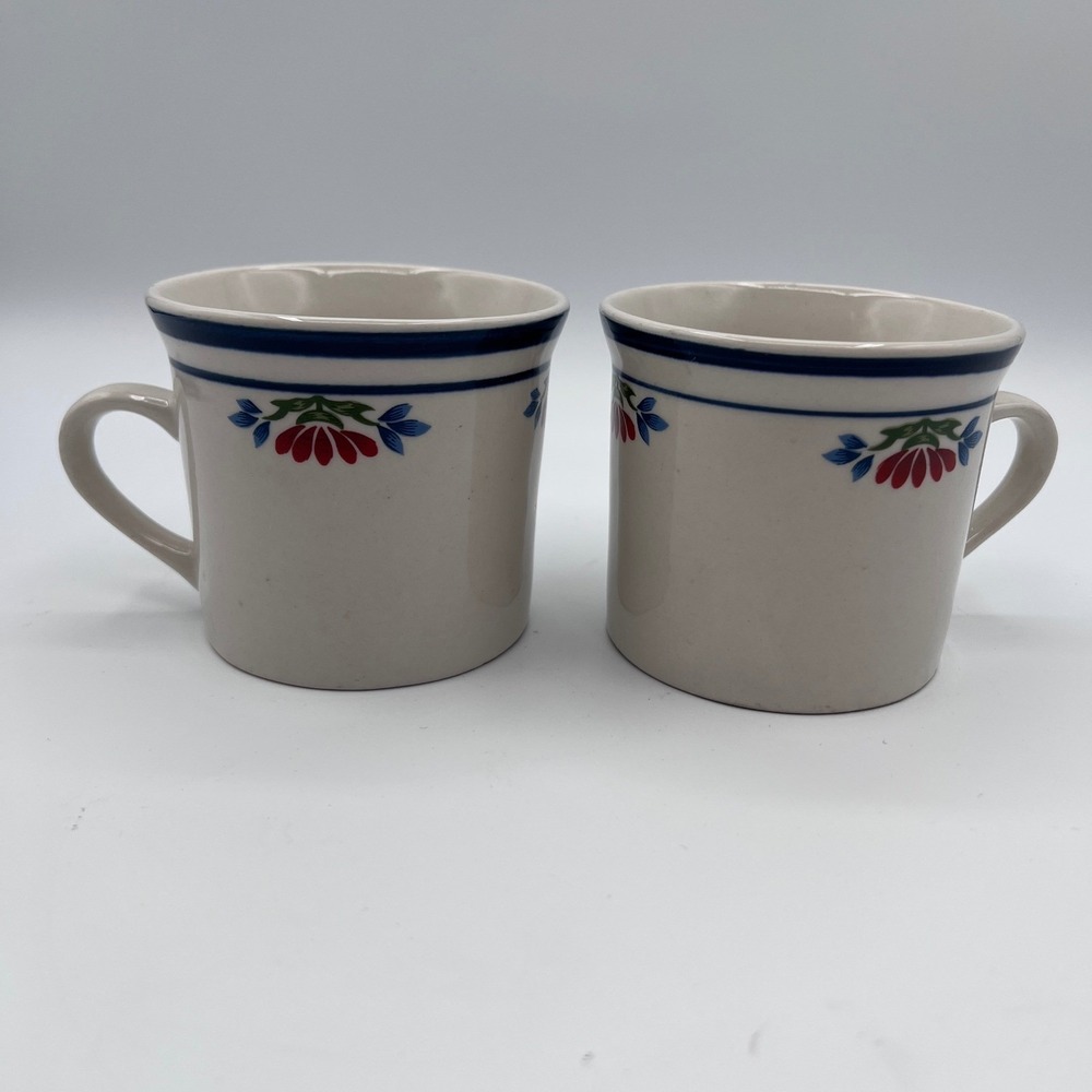 Tienshan Stoneware Coffee Mugs Set of 2 Folk Art Floral Red Blue Cream 3.5in VTG